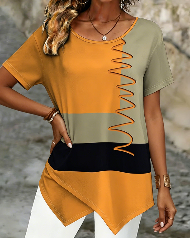 Camiseta de bloque de color irregular de manga corta