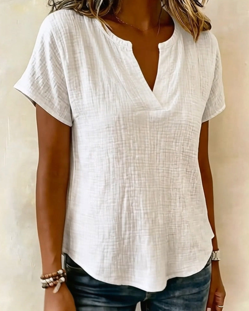 Blusa de escote en V lisa de mangas cortas