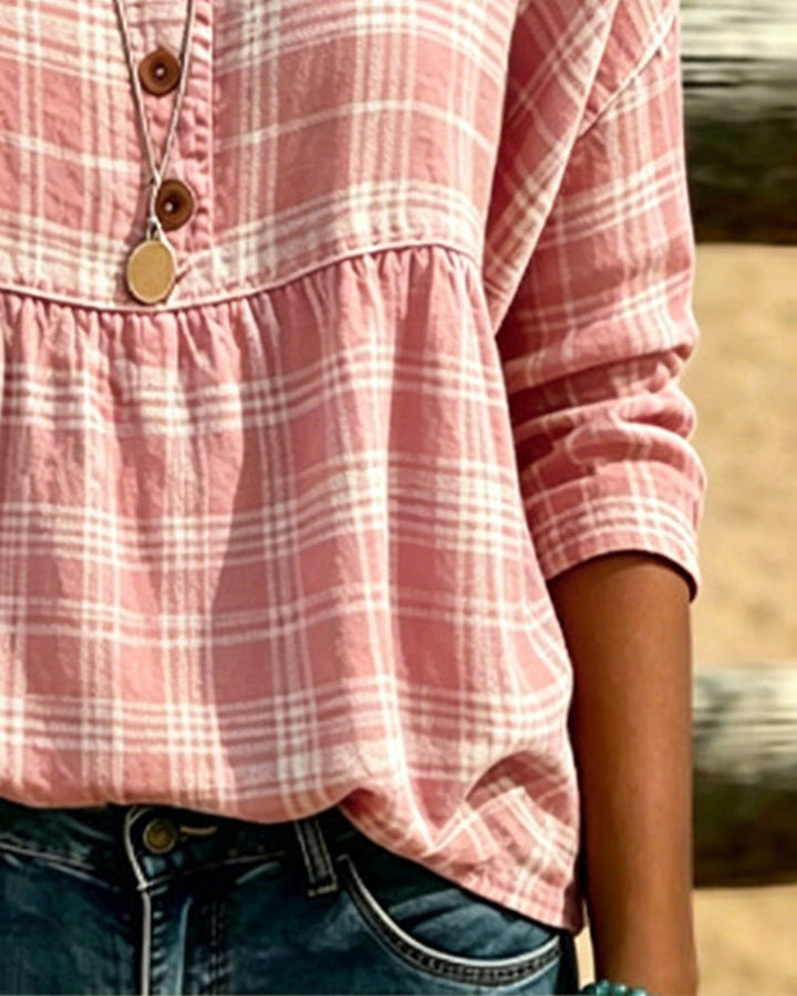 Blusa vintage de cuadros con escote en V