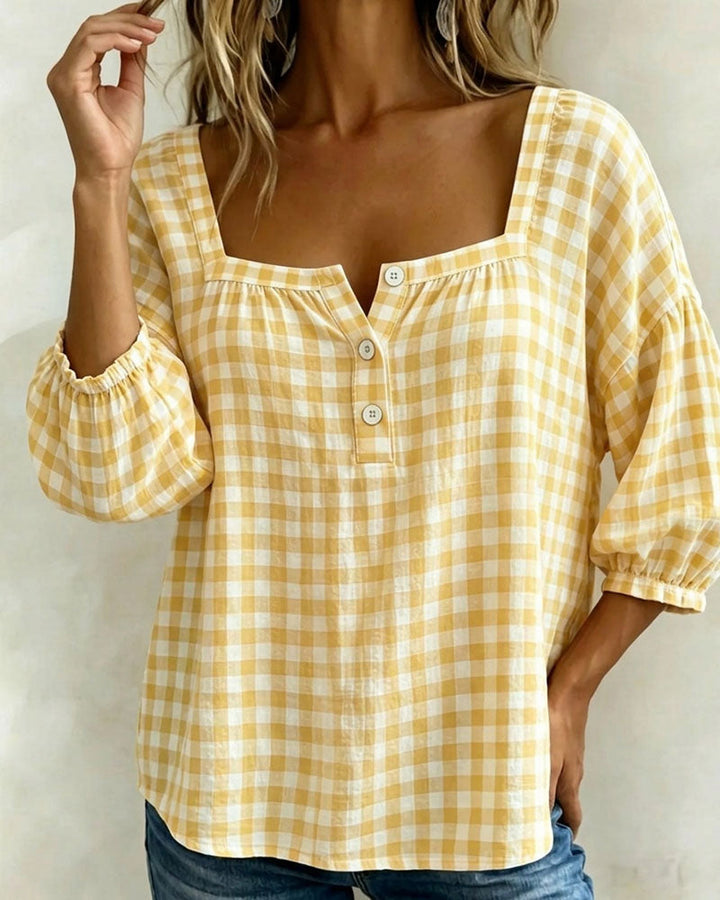 Blusa de cuello cuadrado con botones, estampado escocés