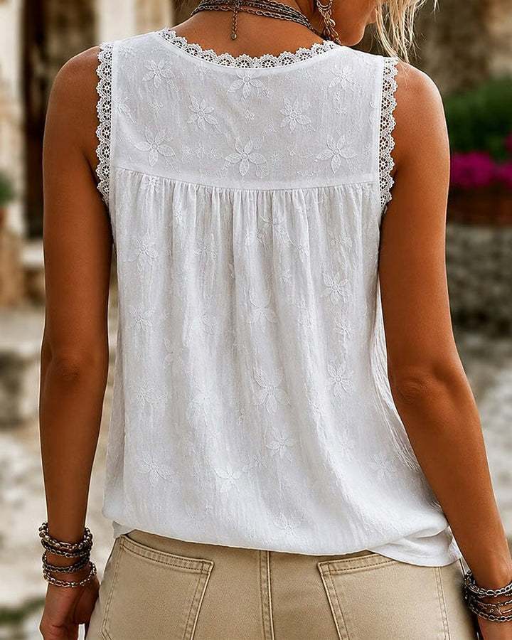 Top sin mangas de cuello en V liso con encaje
