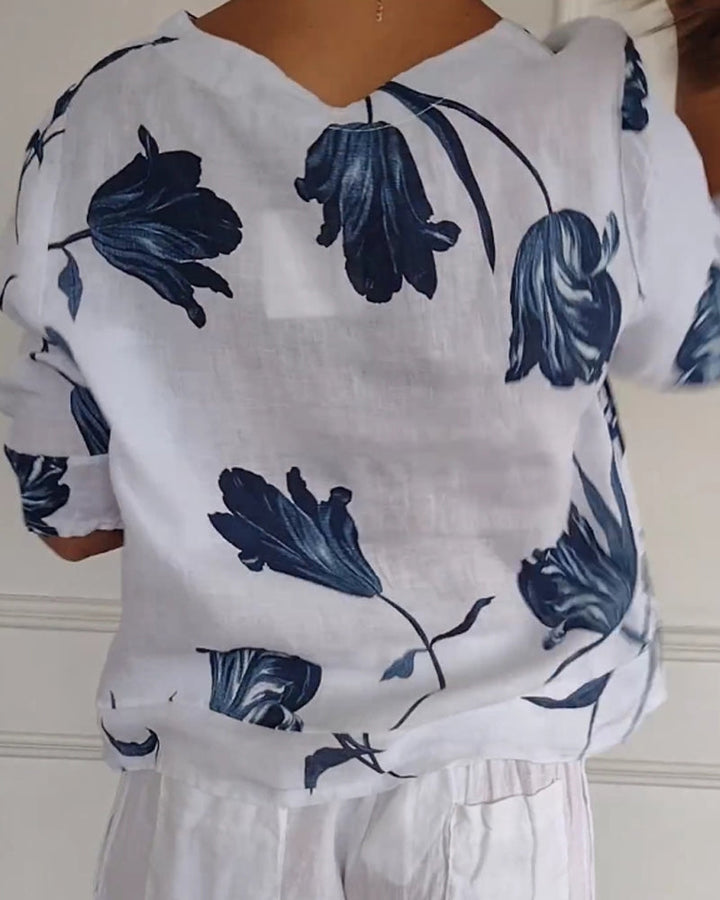 Top abotonado de algodón y lino con estampado floral