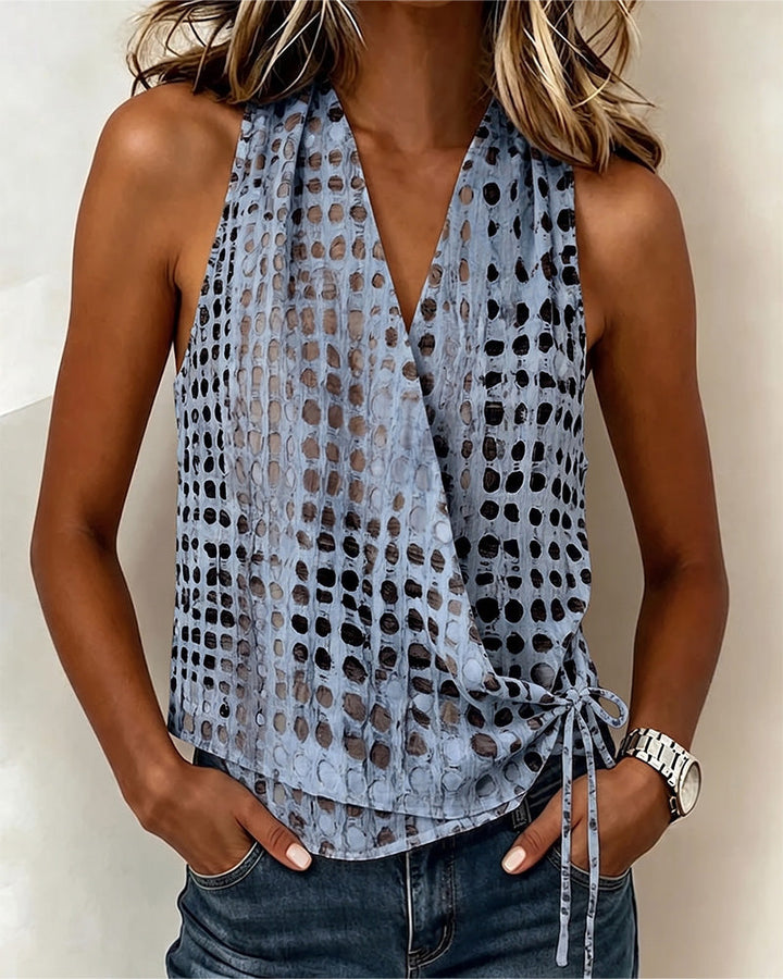 Blusa de escote en V cruzado halter de lunares sin mangas