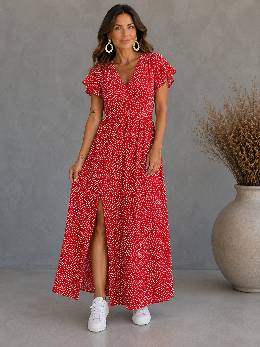 Vestido largo estampado con escote en V