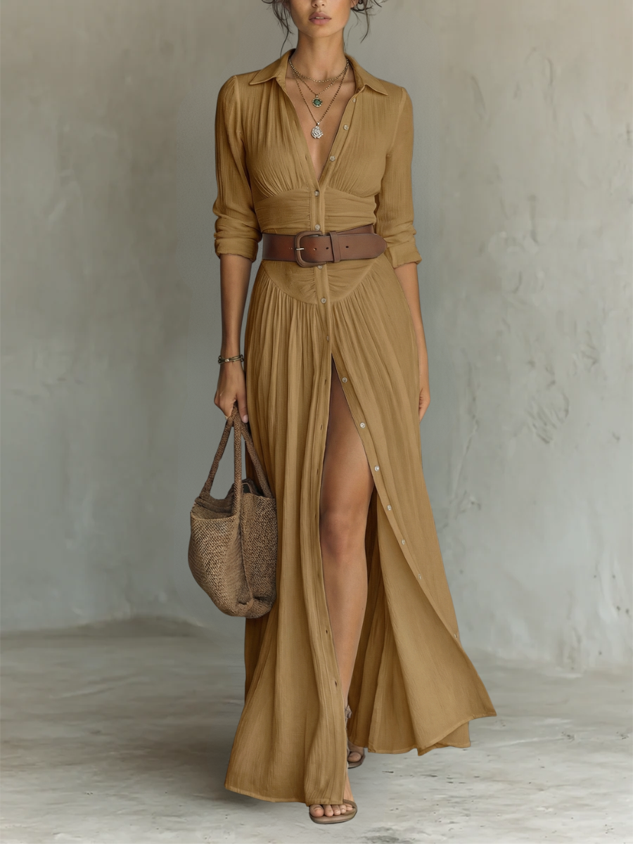Vestido maxi largo de lino con cuello de solapa y mangas largas para mujer