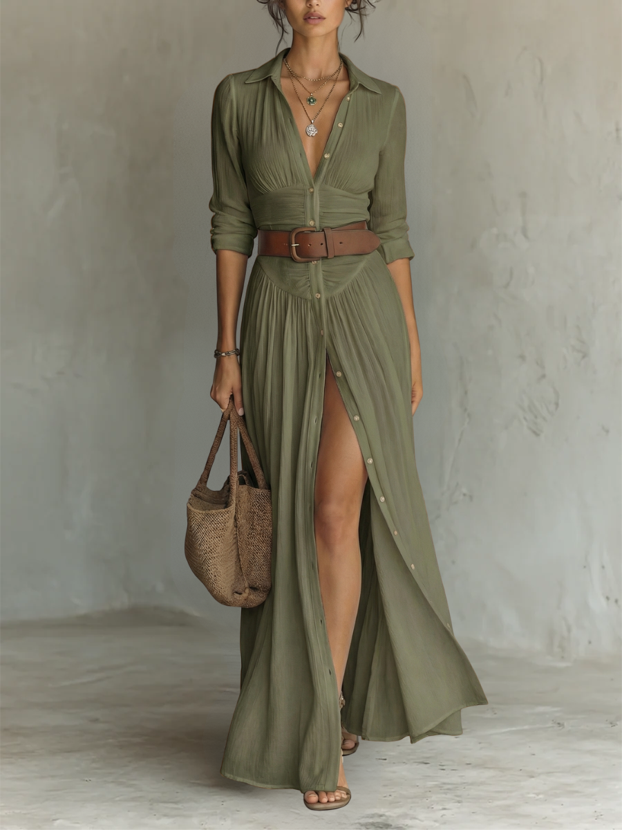Vestido maxi largo de lino con cuello de solapa y mangas largas para mujer