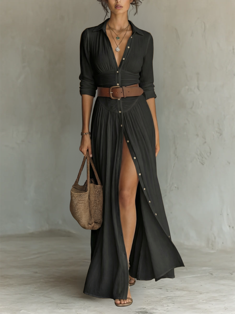 Vestido maxi largo de lino con cuello de solapa y mangas largas para mujer