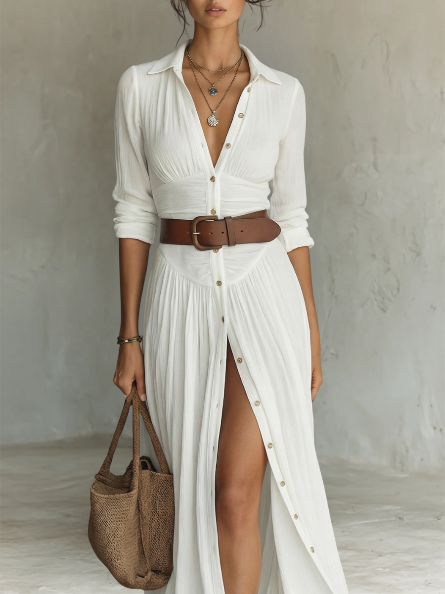 Vestido maxi largo de lino con cuello de solapa y mangas largas para mujer