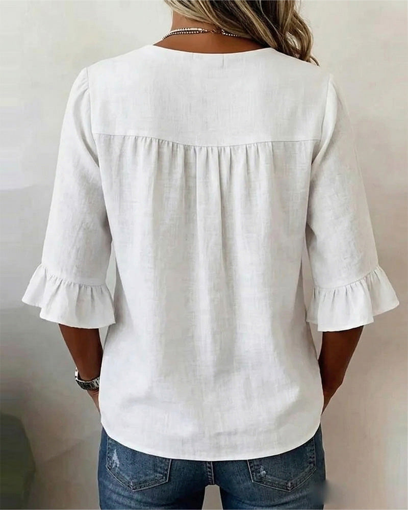 Blusas lisas de algodón-lino con botones de madera y volantes