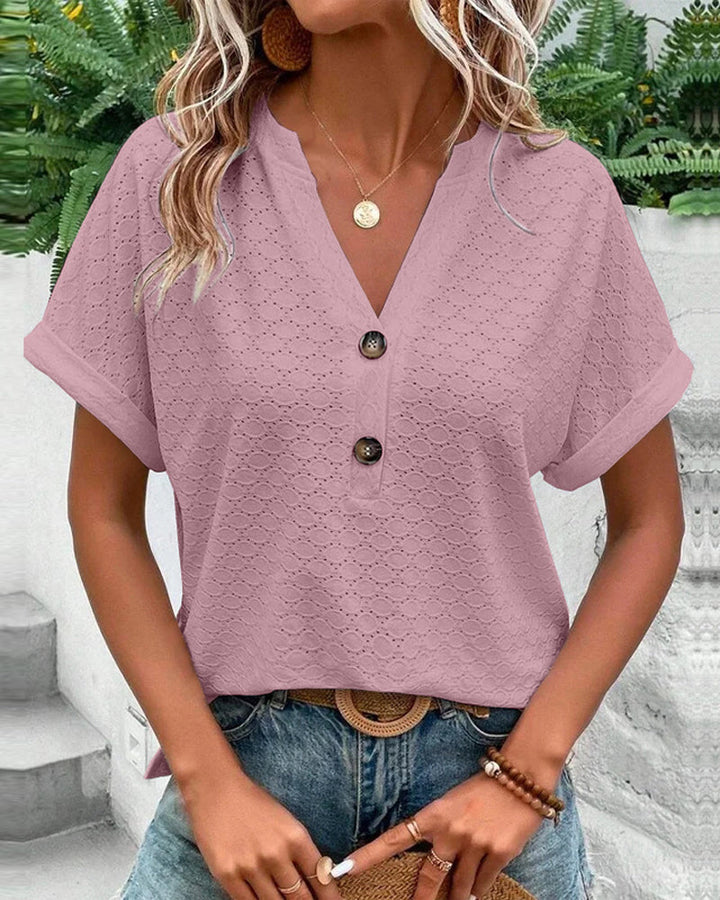 Blusa casual con escote en V de color sólido con botón