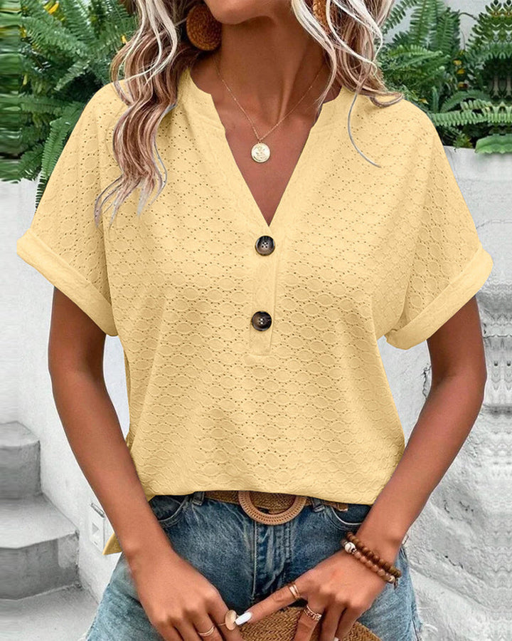 Blusa casual con escote en V de color sólido con botón