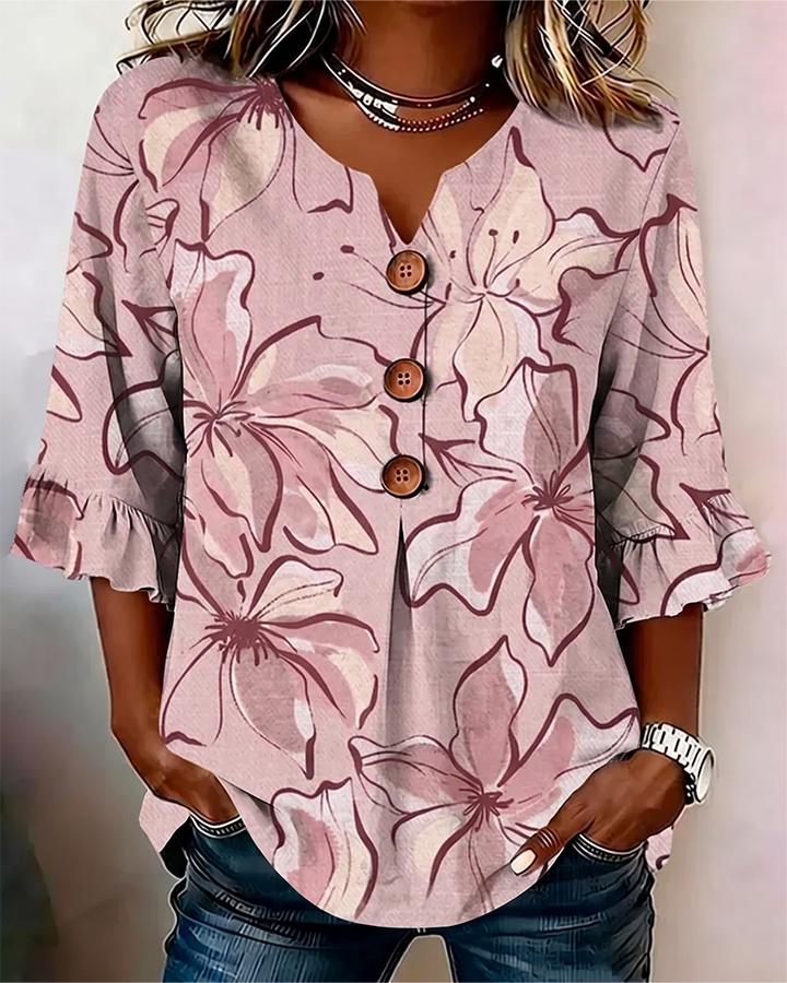 Blusa con escote en V, estampado floral y volante, manga 3/4