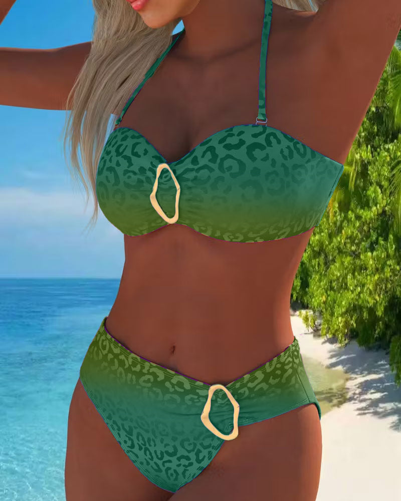 Traje de baño de cuello halter con estampado de leopardo y degradado