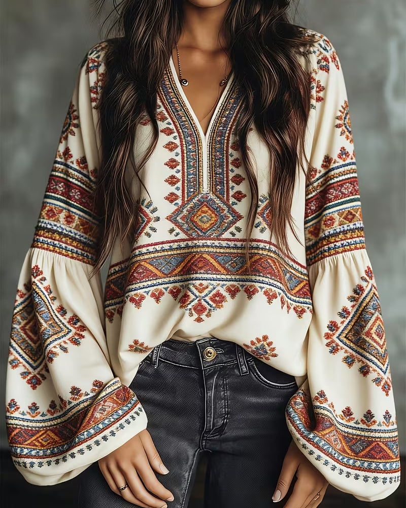 Blusa étnica geométrica estampada con manga farol