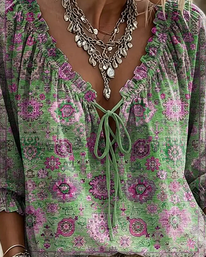 Blusa de escote en V con lazo, estampado vintage