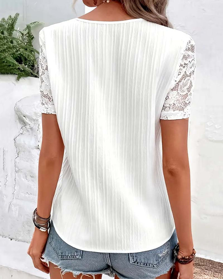 Blusa de escote en V liso con encaje de alta costura