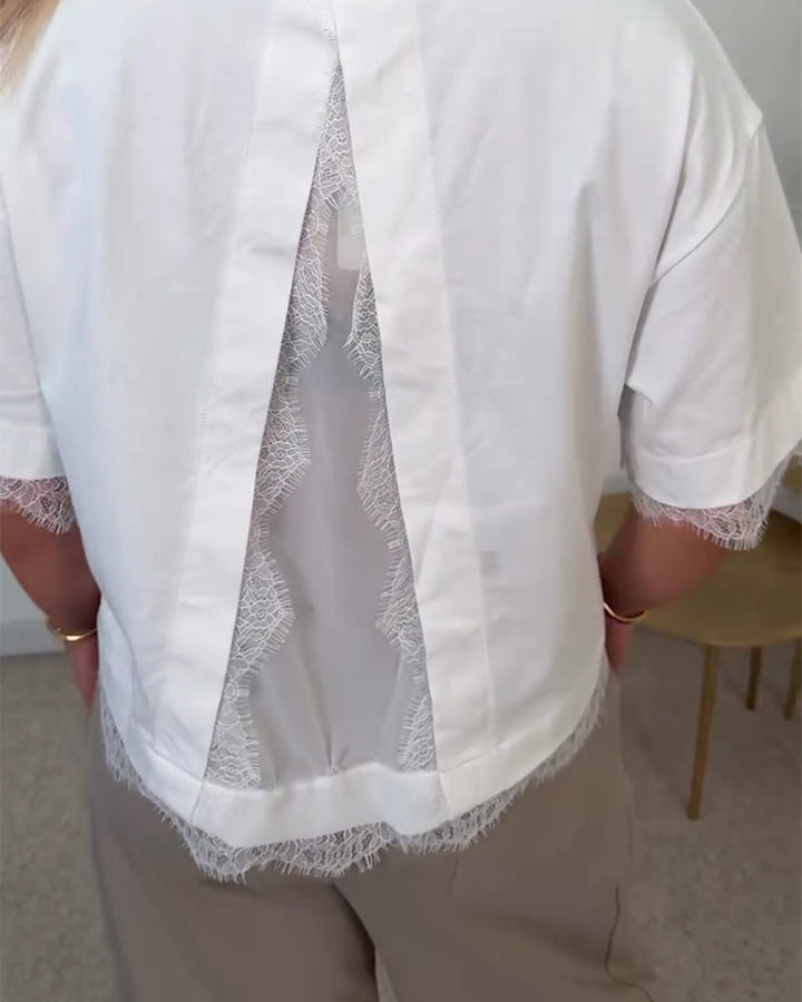 Blusa de espalda con abertura de encaje y manga corta