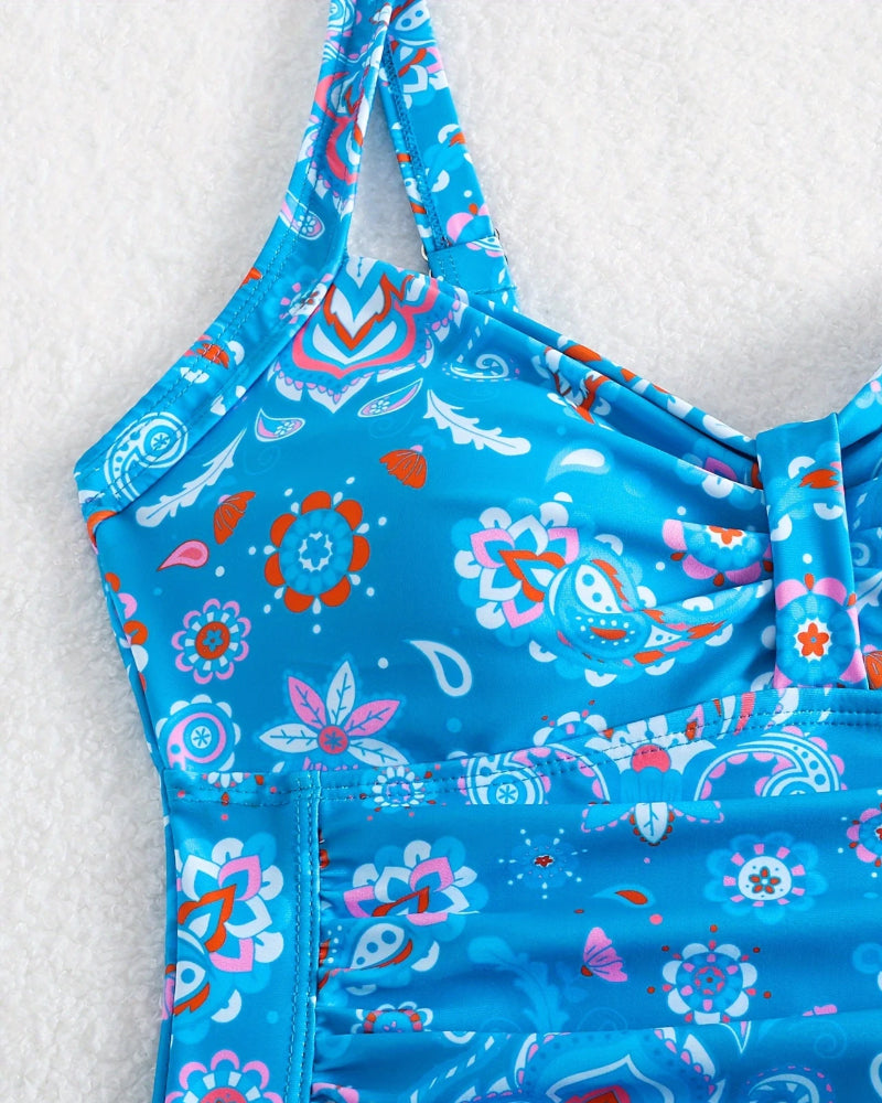 Traje de baño de una pieza con escote en V plisado floral