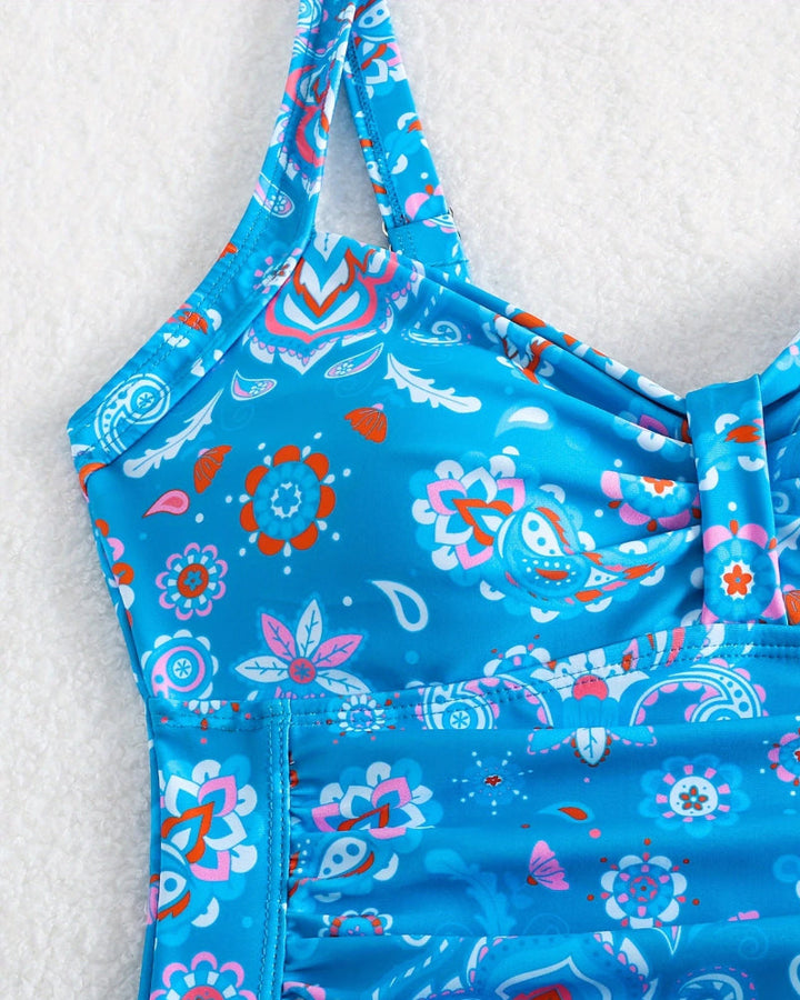 Traje de baño de una pieza con escote en V plisado floral