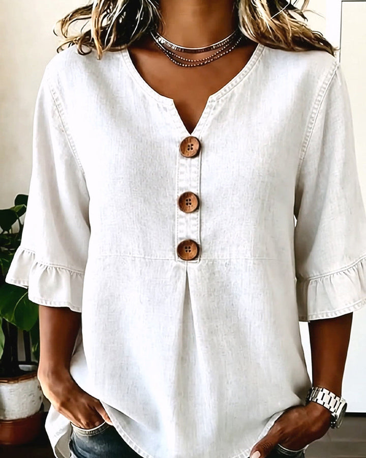 Blusa vaquera de cuello en V con manga acampanada