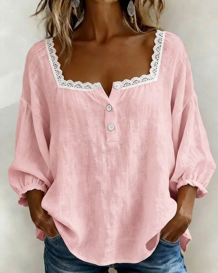 Blusa de cuello cuadrado en encaje con mangas abullonadas