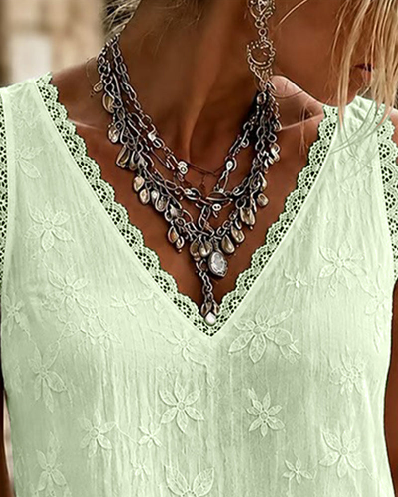 Top sin mangas de cuello en V liso con encaje