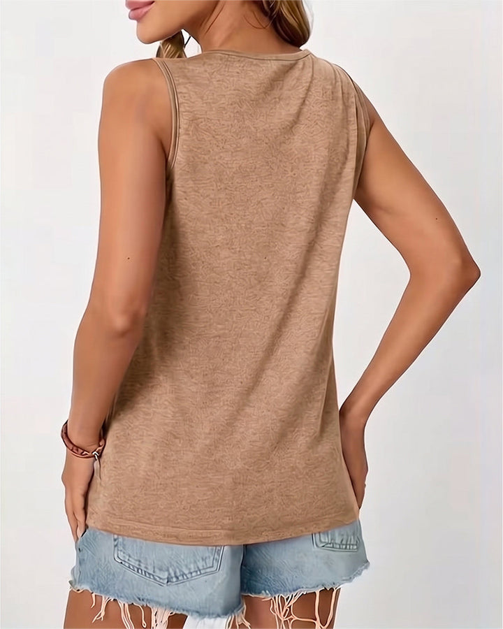 Top sin mangas liso con cuello en U plisado