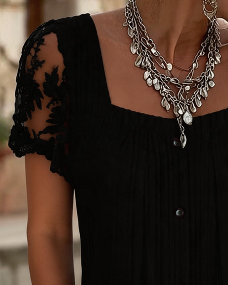 Blusa con escote cuadrado acanalado, encaje y patchwork