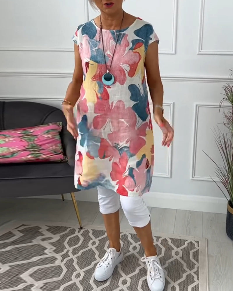 Top largo holgado con estampado floral colorido