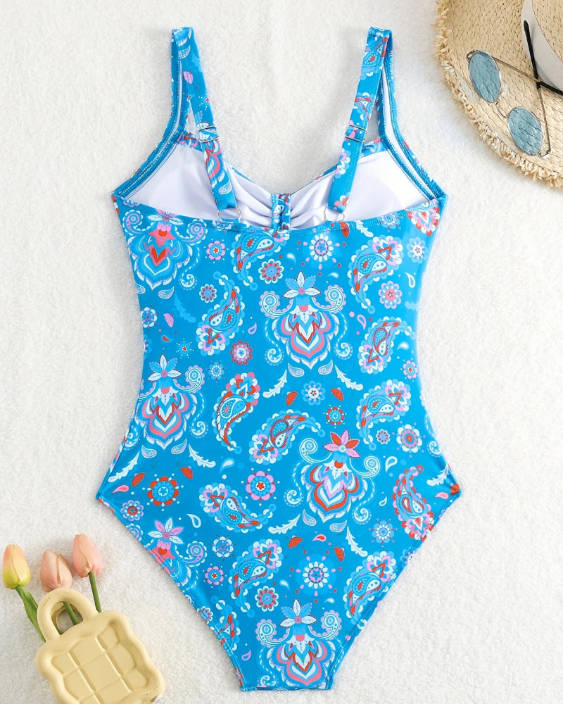 Traje de baño de una pieza con escote en V plisado floral