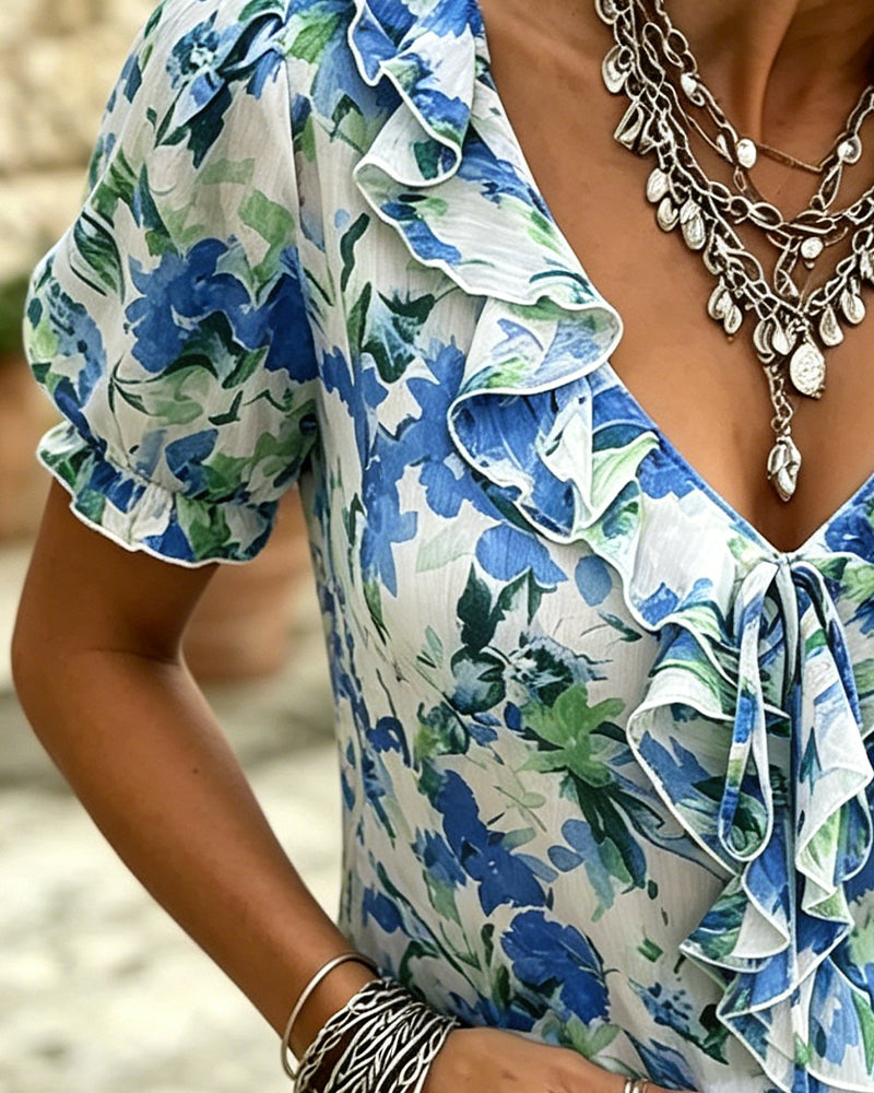 Blusa de escote en V con volante y manga abullonada