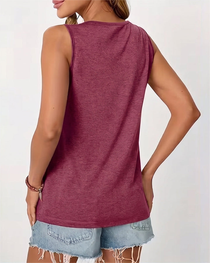 Top sin mangas liso con cuello en U plisado