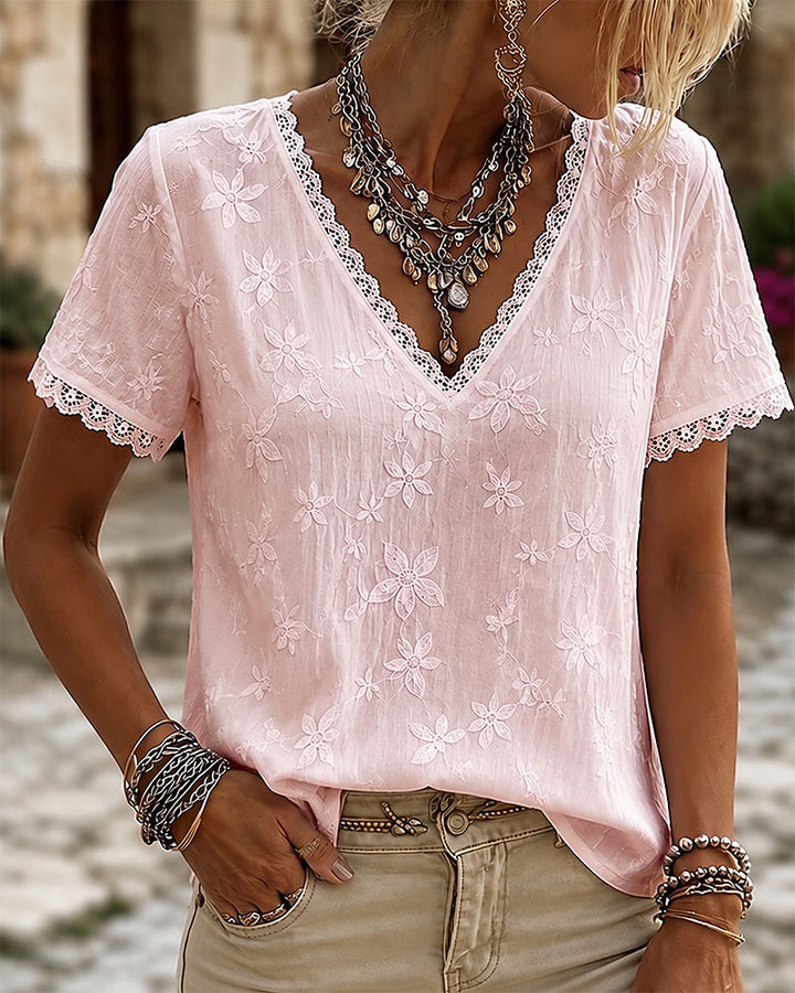 Blusa con escote en V y encaje, mangas cortas