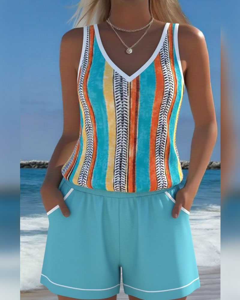 Tankini de baño con escote en V estampado