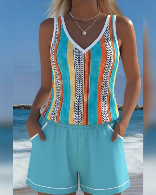 Tankini de baño con escote en V estampado