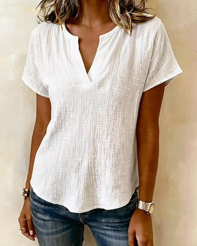 Blusa de escote en V lisa de mangas cortas