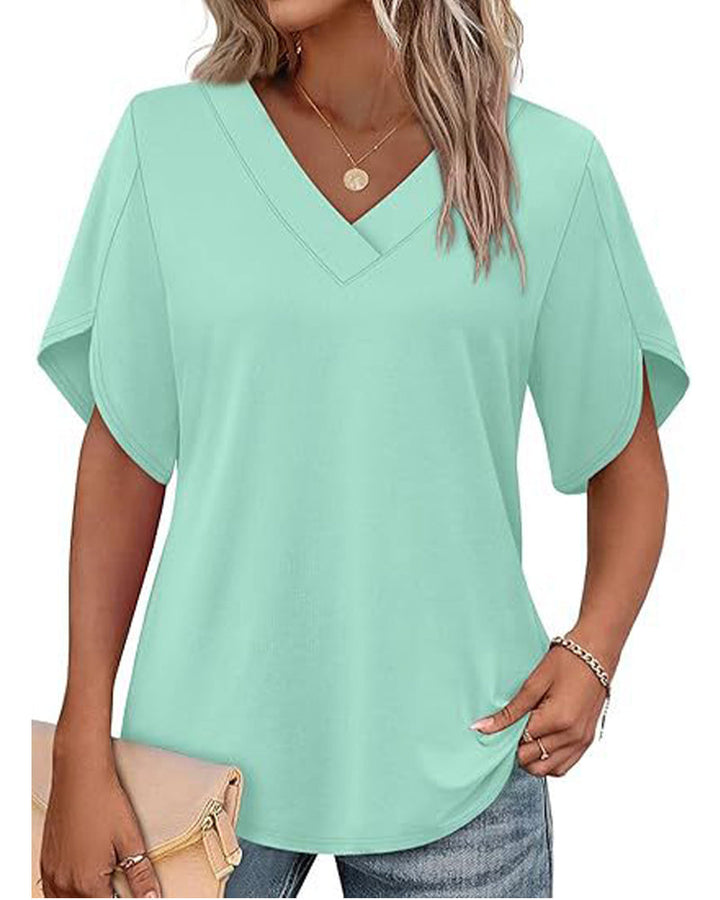 Camiseta de cuello en V, abertura pequeña, mangas cortas, lisa