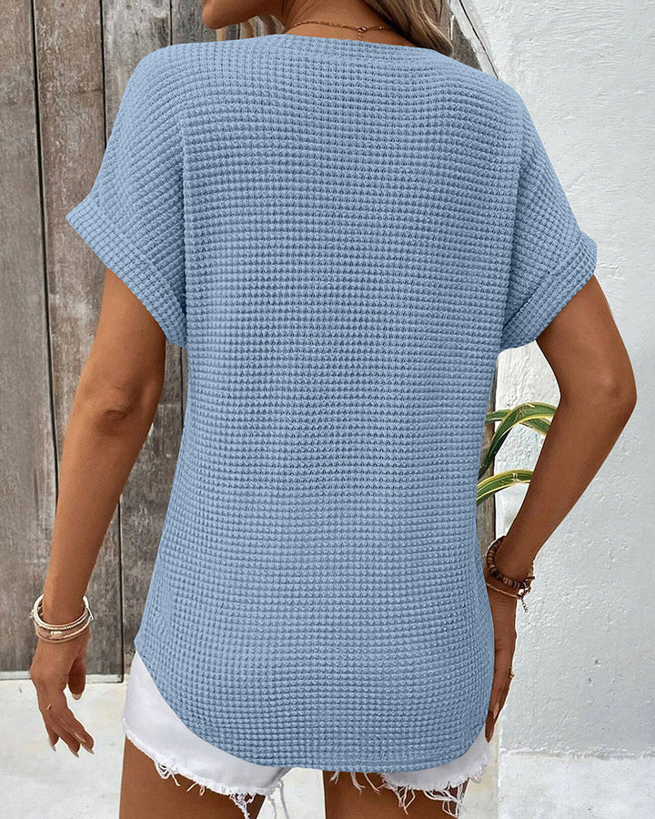 Camiseta para mujer de punto texturizado con escote en V, casual, verano