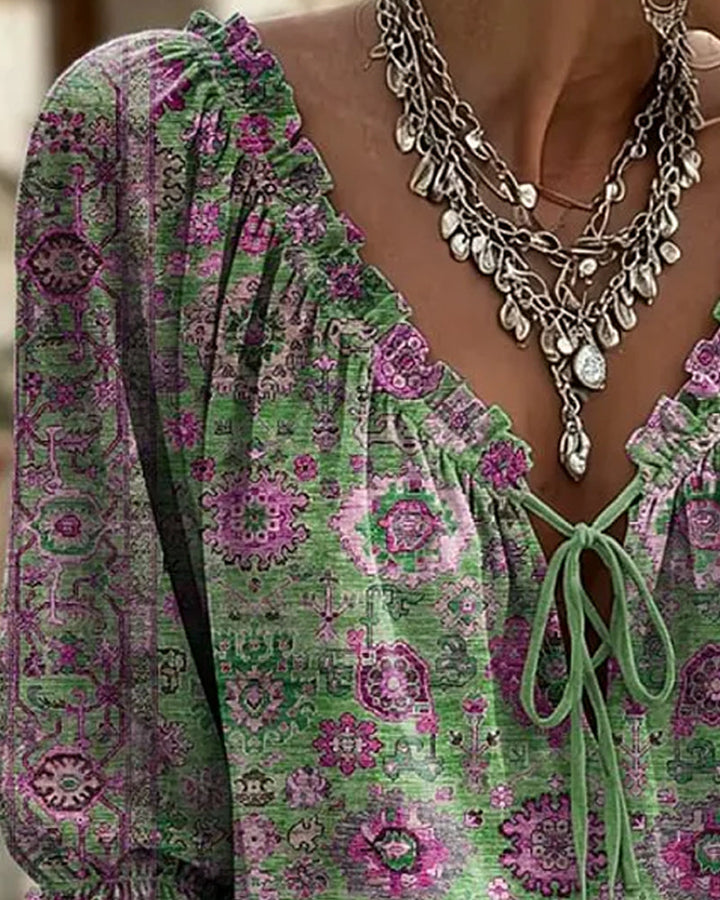 Blusa de escote en V con lazo, estampado vintage