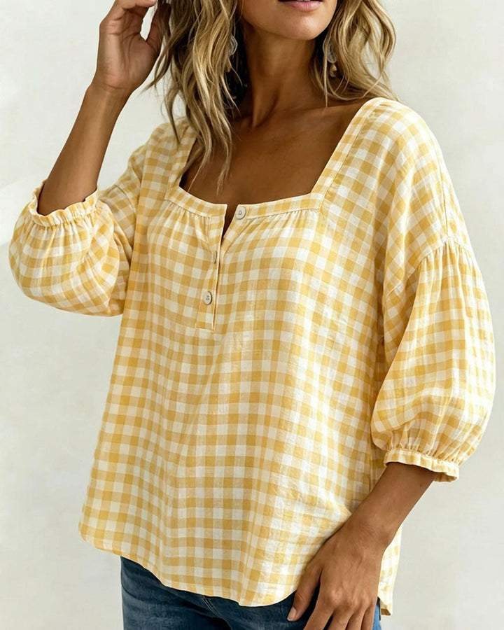 Blusa de cuello cuadrado con botones, estampado escocés
