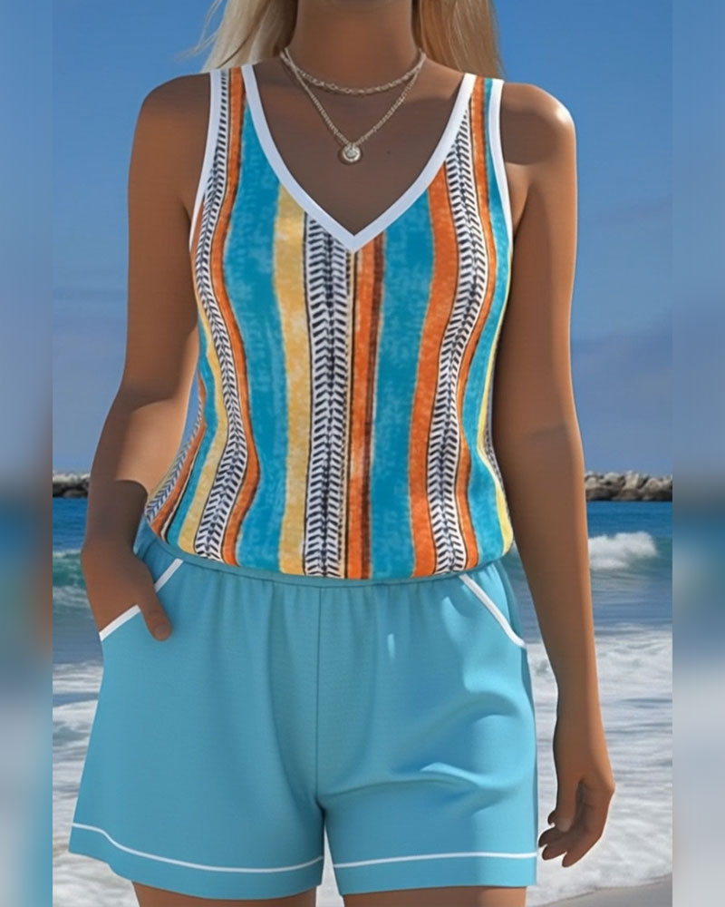 Tankini de baño con escote en V estampado
