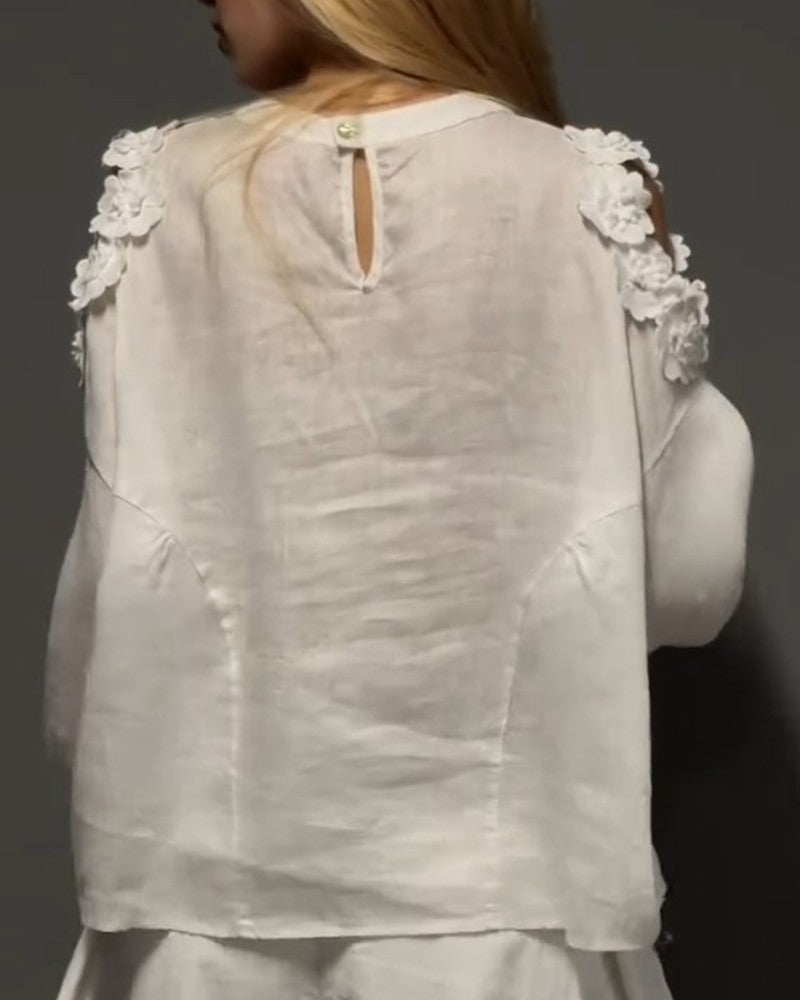 Blusas de cuello redondo con recorte y hombros al descubierto, estampado floral 3D