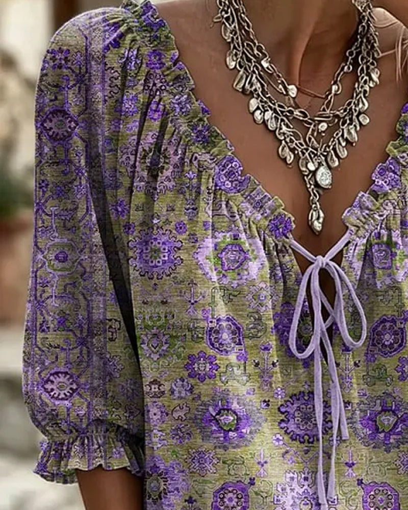 Blusa de escote en V con lazo, estampado vintage