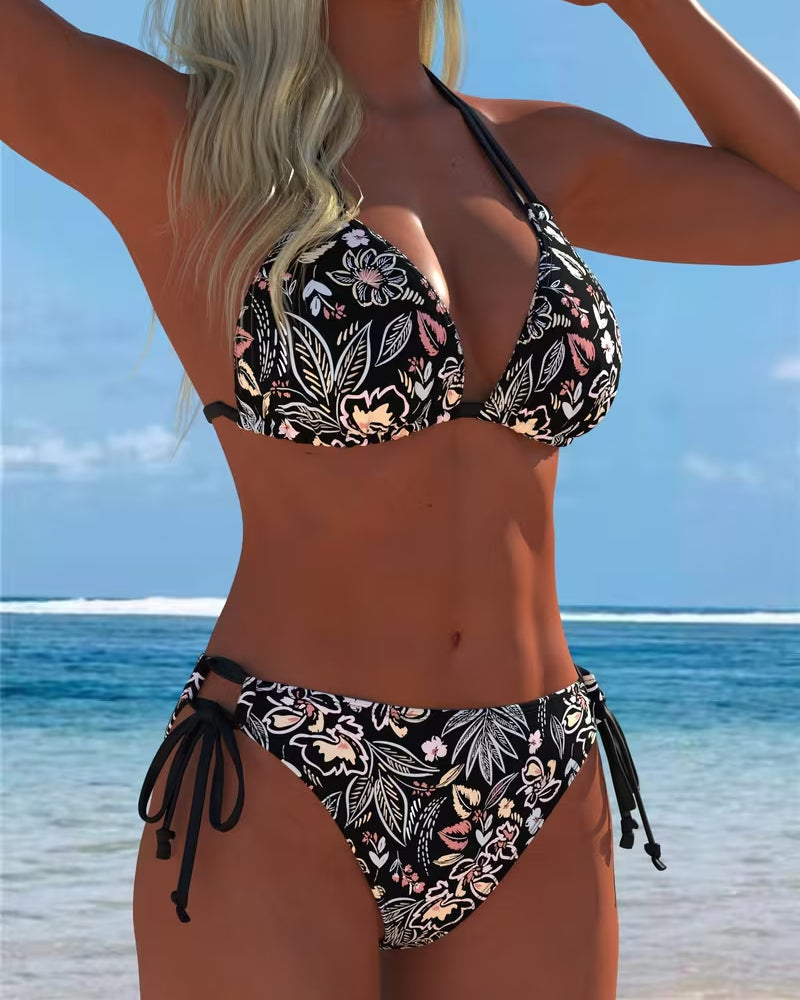 Bikini floral halter para atar, de dos piezas