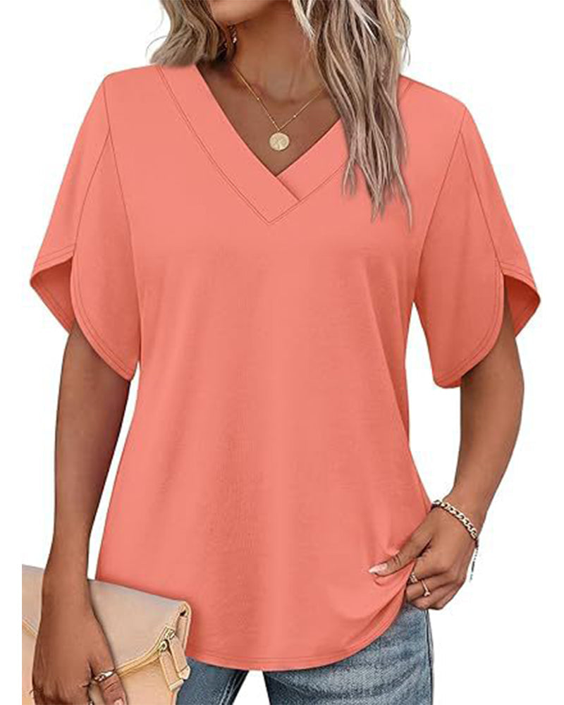 Camiseta de cuello en V, abertura pequeña, mangas cortas, lisa