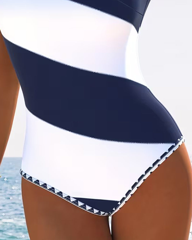Traje de baño de una pieza con bloques de color rayados