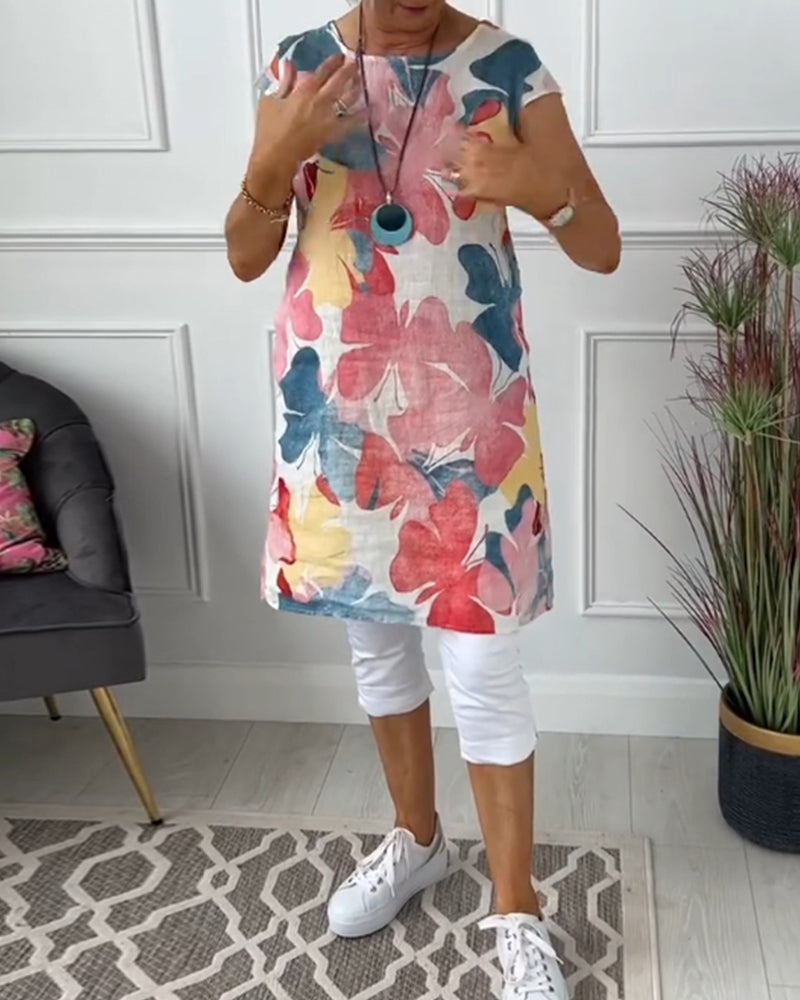 Top largo holgado con estampado floral colorido