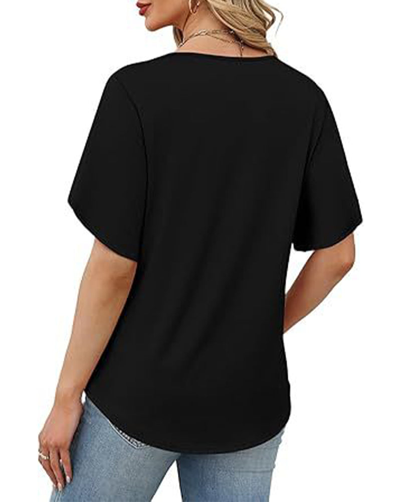 Camiseta de cuello en V, abertura pequeña, mangas cortas, lisa