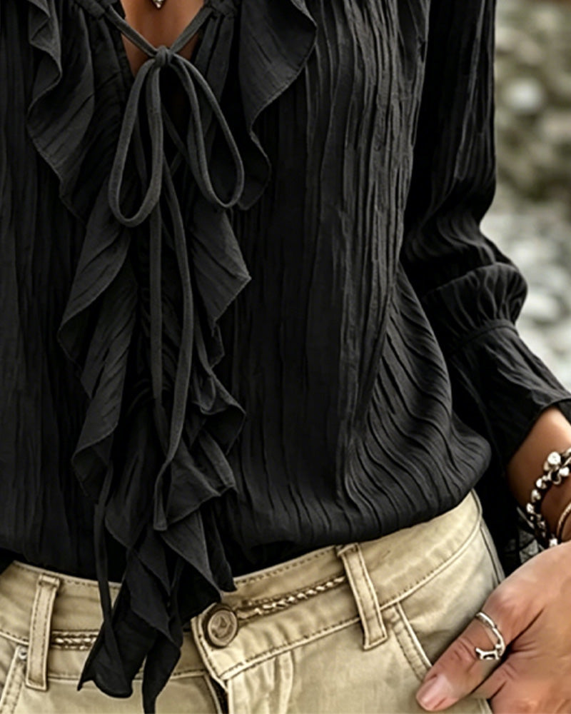 Blusa de manga larga con volante y ribete de encaje