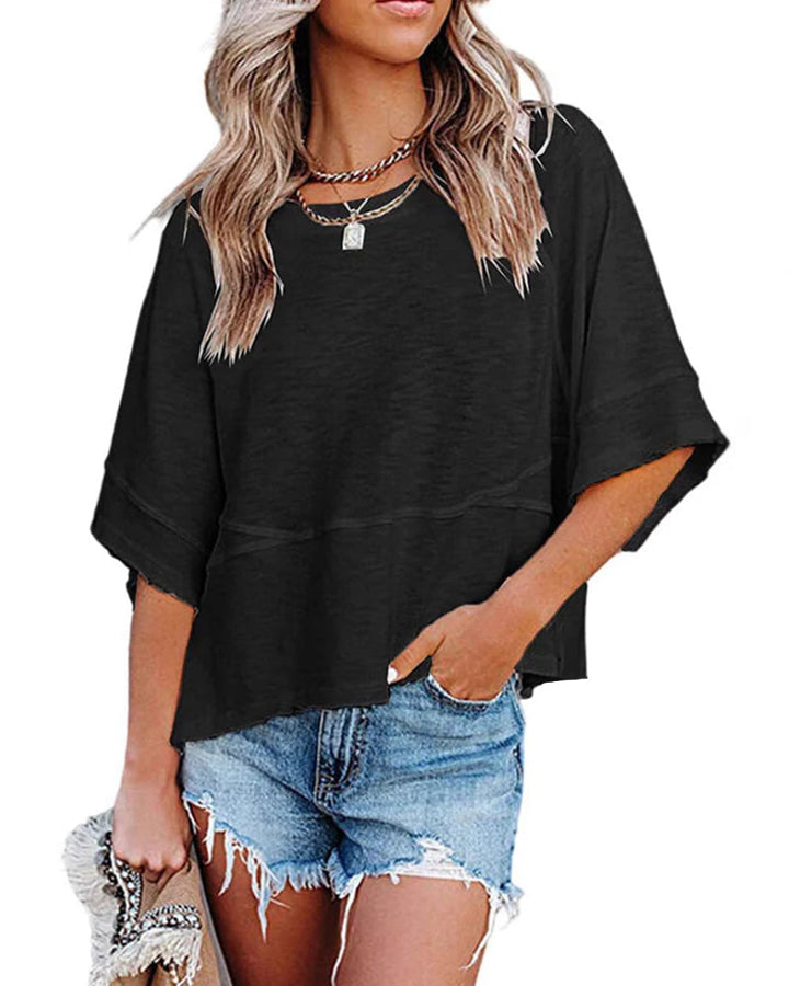 Camiseta sin abertura remendada de color único con manga campana